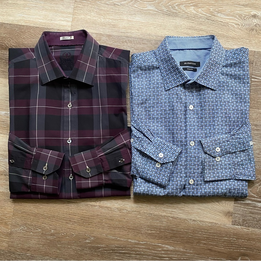 Bundle of two Bugatchi men’s long sleeve button up shirts. 15” / 35”-36”